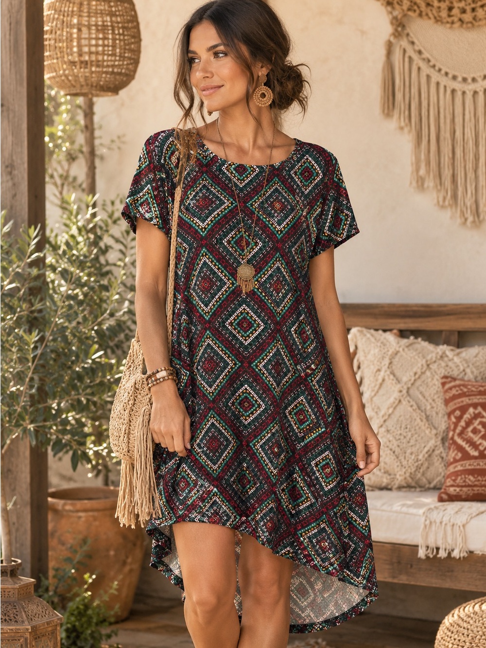 Lularoe “CARLY” geometric Aztec print swing high low dress size medium